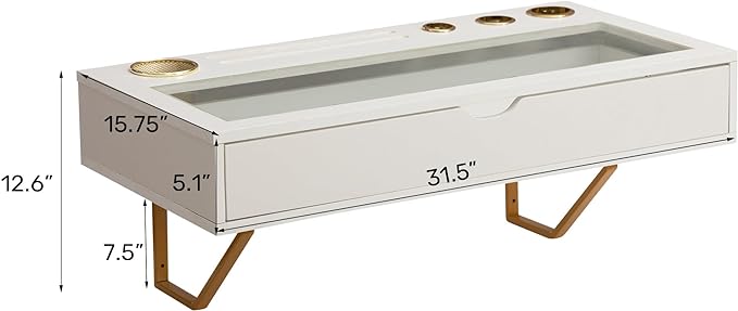 ALIMORDEN Floating Shelf with Drawer,Floating Drawer for Bathroom, White Wall Mounted Desk,Pull Out Drawer, 31 inch Surface, Floating Wall Desk, Hanging Desk, White