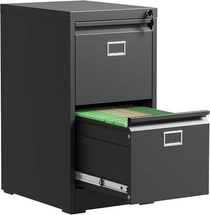 2 Drawer File Cabinet,Metal Vertical File Cabinets with Lock for Home Office,Heavy Duty Office Steel Filing Cabinet for Hanging Letters/Legal/A4, Assembly Required (Black)
