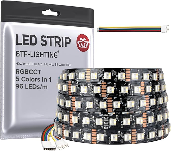 BTF-LIGHTING RGBCCT 5 Colors in 1 LED Tape Lights 5050SMD RGBWW RGB+Dimmable Color Temperature 2700K-6500K 16.4ft 96LED/m 480LED IP30 DC12V Black PCB for Home Decoration(No Adapter or Controller)