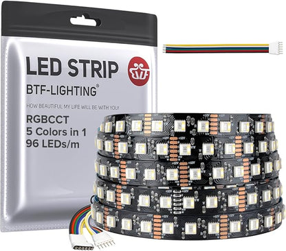 BTF-LIGHTING RGBCCT 5 Colors in 1 LED Tape Lights 5050SMD RGBWW RGB+Dimmable Color Temperature 2700K-6500K 16.4ft 96LED/m 480LED IP30 DC12V Black PCB for Home Decoration(No Adapter or Controller)