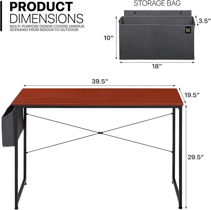 MoNiBloom Home Office Computer Desk with Storage Bag, 40" Writing Study Modern Simple Style Laptop Table, Teak Color