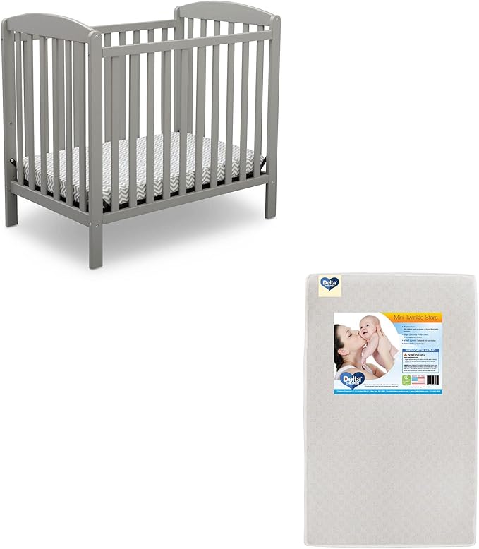 Delta Children Emery Mini Convertible Baby Crib & Twinkle Stars 3-Inch Waterproof Mini Crib Mattress, Grey
