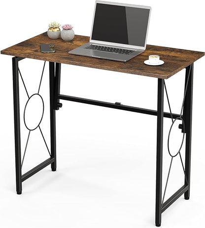 31.5" Computer Desk for Small Place, Foldable Desk Home Office Desk, Black Metal Frame, Modern Industrial Style Study Writing Table, No Assembly Required, Rustic Brown