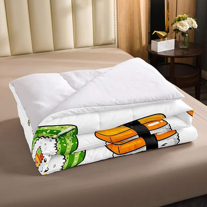Sushi Pattern Comforter Set Japanese-Style Bedding Set for Kids Boys Girls Teens Food Theme Comforter Cute Cartoon Japanese Sushi Duvet Set Room Decor Quilt Set King Size Microfiber
