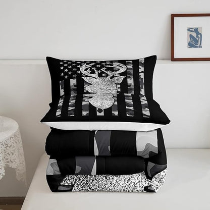 American Flag Bedding Set Deer Camo Comforter Set Full For Kids Boys Teen Man,Western Rustic Black Grey Military Camouflage Bedding Comforters Hunting Deer Antlers Quilt Duvet For All Season 3 Pcs
