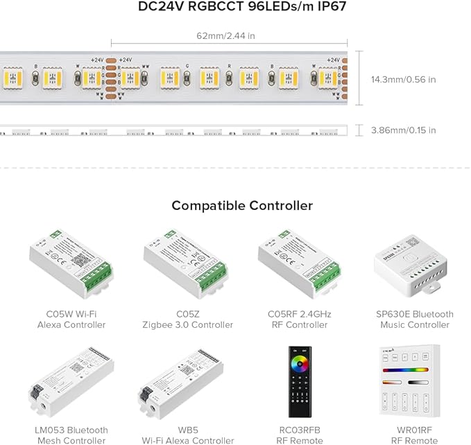 BTF-LIGHTING RGBCCT 5 Colors in 1 LED Tape Lights 5050SMD RGBWW RGB+Dimmable Color Temperature 2700K-6500K 16.4ft 96LED/m 480LED IP67 DC24V White PCB for Home Decoration(No Adapter or Controller)