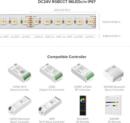 BTF-LIGHTING RGBCCT 5 Colors in 1 LED Tape Lights 5050SMD RGBWW RGB+Dimmable Color Temperature 2700K-6500K 16.4ft 96LED/m 480LED IP67 DC24V White PCB for Home Decoration(No Adapter or Controller)