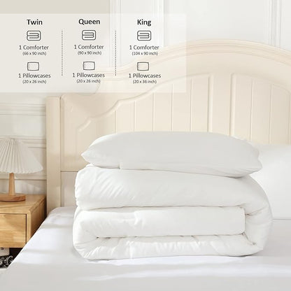White Comforter King Size, Aesthetic Modern Bedding Set for Women/Men, Cute Soft & Lightweight Chic Microfiber Bed Sets, 3 pcs-1 Comforter & 2 Pillowcases (104x90 Inches)