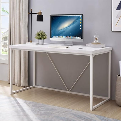 Home Office Desk, Metal and Wood Computer Desk, Modern Rustic Work Study Writing Table for Living Room Bedroom, White Oak, 55 inch