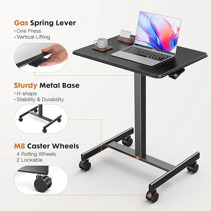 edx Mobile Small Stading Desk - Sit Stand Desk, Portable Rolling Laptop Desk with Lockable Wheels, Computer Workstations, Adjustable Height, Black