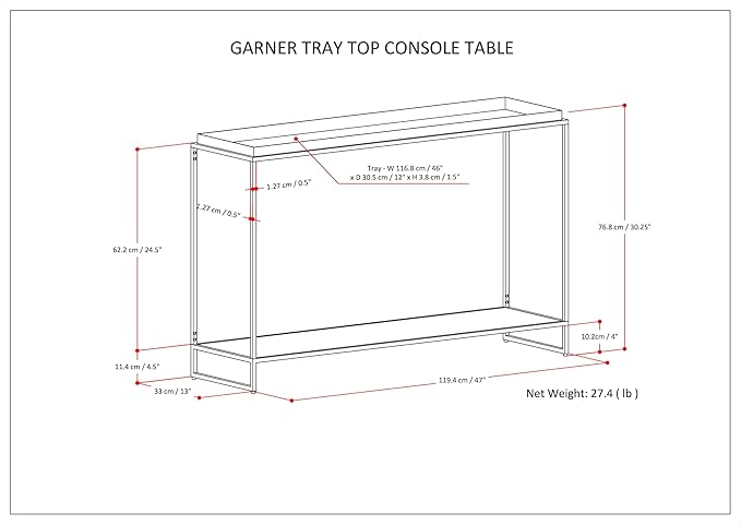 SIMPLIHOME Garner 47 inch Wide Metal Tray Top Console Sofa Entryway Table in Black, for the Living Room, Entryway and Bedroom