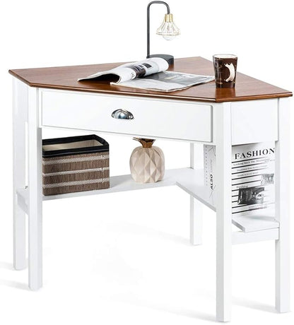 Nightcore Small, Wood Computer Desk, Compact Writing w/Drawer & Storage Shelves, Space Saving Study Workstation, Laptop PC Corner Table, Natural