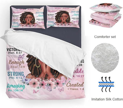 Kids Comforter Sets Full Size, Prayer Girl and African American Girl Inspirational Quotes with Floral Butterfly, Teens Bedding Sets for Girls Women (Full, Pink White)