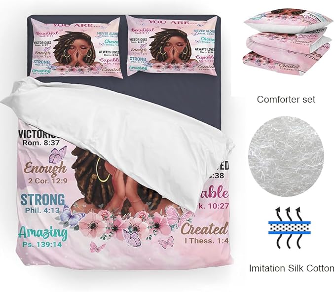 Twin Size Comforter Set with Powerful Quotes from Girls,3 Pieces Featuring African-American Girl - Ideal Gift Bedding for Teens and Women Pink White