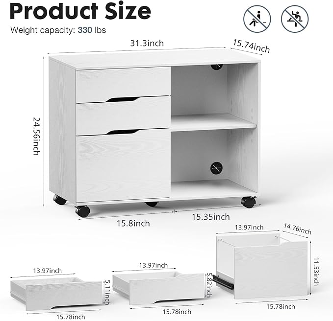 DUMOS Lateral File Cabinet with 3 Drawers Rolling Wooden Printer Stand Under Desk Storage Organizer with 4 Wheels Adjustable Shelf for Office Home, White
