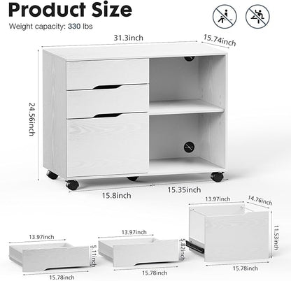 DUMOS Lateral File Cabinet with 3 Drawers Rolling Wooden Printer Stand Under Desk Storage Organizer with 4 Wheels Adjustable Shelf for Office Home, White