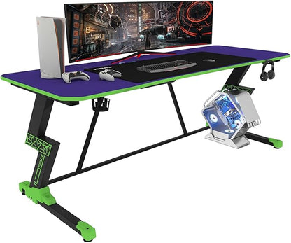63 Inch Gaming Desk, with Carbon Fiber Surface, Lightning-Shaped PC Computer Table, with Headphone Holder, Cup Holder, Cable Management Box, Gaming Table for Gamer, Purple&Green
