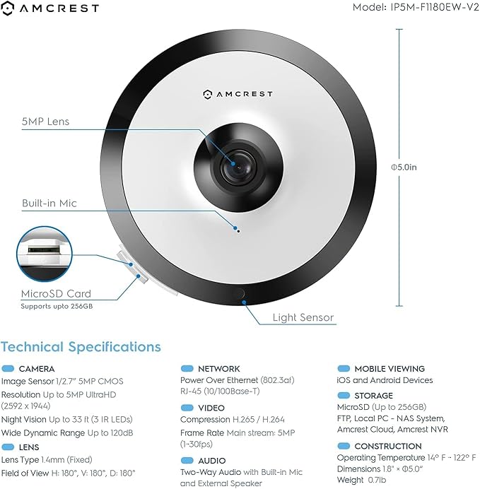 Amcrest Fisheye IP POE Camera, 360° Panoramic 5-Megapixel POE IP Camera, Fish Eye Security Indoor Camera, IVS Features and People Counting, MicroSD Recording, IP5M-F1180EW-V2 (White)