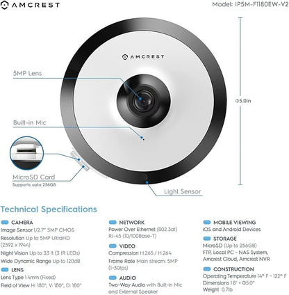 Amcrest Fisheye IP POE Camera, 360° Panoramic 5-Megapixel POE IP Camera, Fish Eye Security Indoor Camera, IVS Features and People Counting, MicroSD Recording, IP5M-F1180EW-V2 (White)