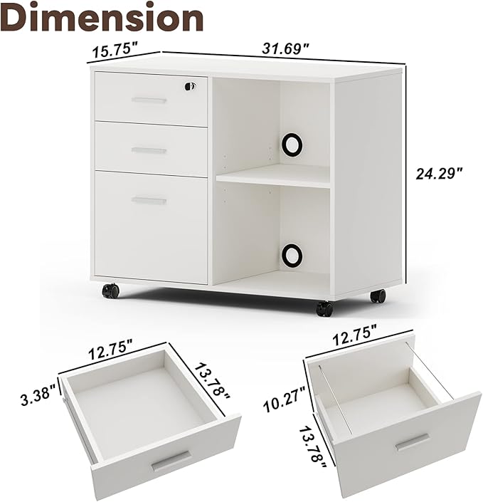 Maxtown Wood Filing Cabinet, Mobile Lateral Filing Cabinet with Lock, 3 Drawer Filing Cabinet with Open Storage Shelves, Printer Stand with Storage, White