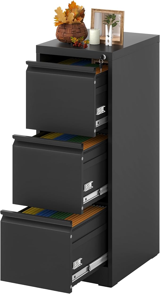Vertical File Cabinet with Drawers, 3 Drawer File Cabinet for Home Office, Locking File Cabinet Hanging Files for A4/ Legal/Letter, Black