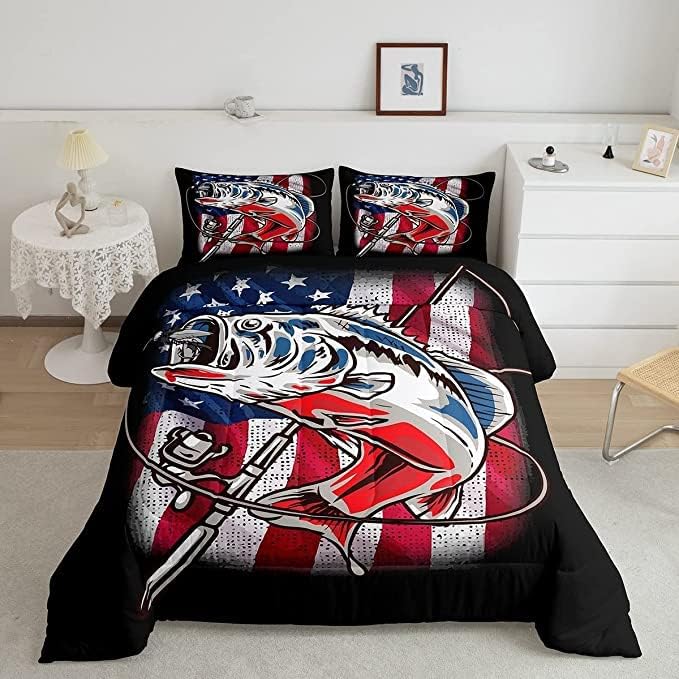 Fishing Comforter King Bass Fish American Flag Bedding Set Farmhouse Pike Fishing Comforter Set for Kids Boys Girls Teens Room Wild Fish Decor Red Blue Stripe Quilt Down Comforter Boys