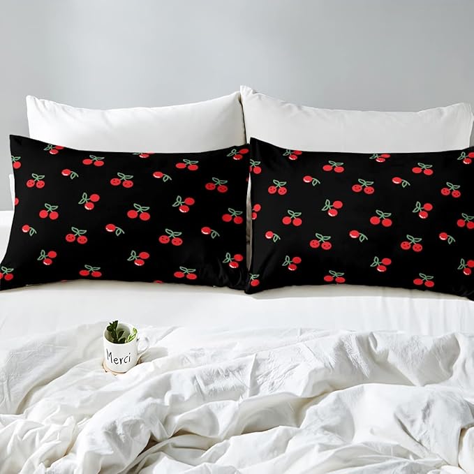 Erosebridal Red Cherry Comforter Set for Kids, Fruit Kawaii Bedding Set Twin, Cute Cherry Cartoon Down Comforter for Boys Girls Women Bedroom Decor, Reversible Luxury Soft Quilted Comforter, Black