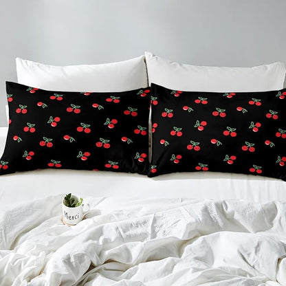 Erosebridal Red Cherry Bedding Set for Kids, Fruit Kawaii Comforter Set King, Cute Cherry Cartoon Quilted Duvet for Boys Girls Women Bedroom Decor, Reversible Luxury Cherry Quilted Comforter, Black