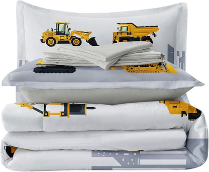 4-Pcs Construction Twin Size Boys Bedding Set, Kids Comforter Set for Teens with Sheets and Pillowcase, Soft Grey Tractor Cars Bed in a Bag Sets