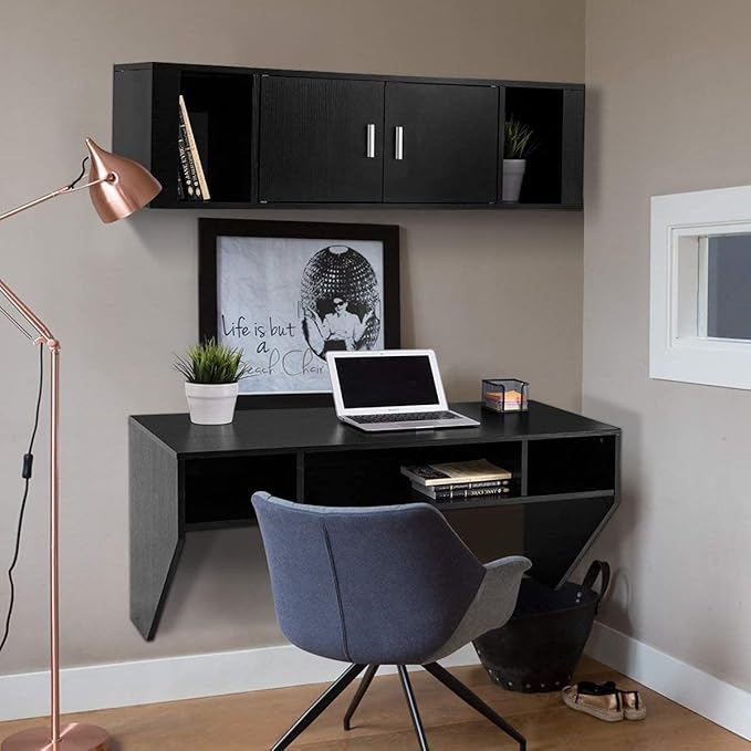 Computer Floating, Home Office Working, 42.5” Laptop Table Writing w/Storage Shelves, Modern Console Media Cabinet Wall Mounted Desk Hutch, Black