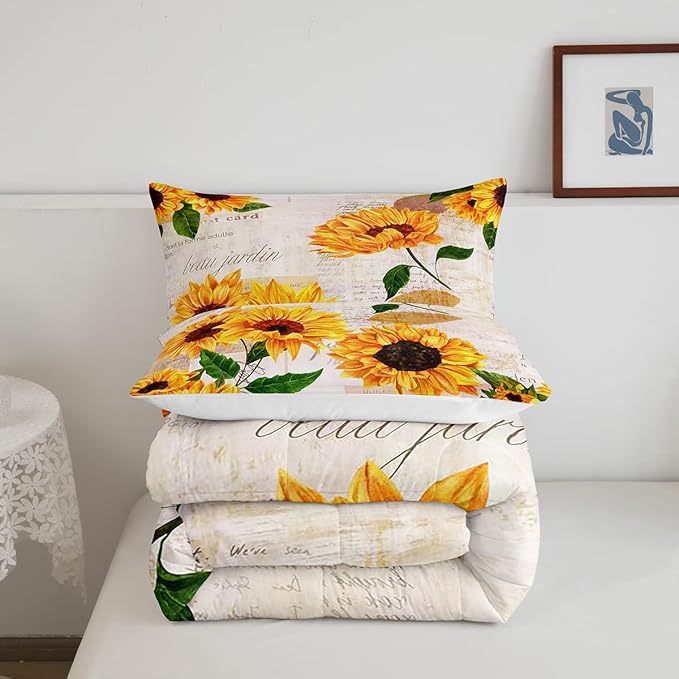 Girls Yellow Floral Bedding Sets Queen Countryside Sunflowers Comforter For Girls Women Flower Plants Duvet Set Old Letters Style Bedding Farm Garden Sunflower Print Quilted Duvet Bedroom Decor, 3Pcs