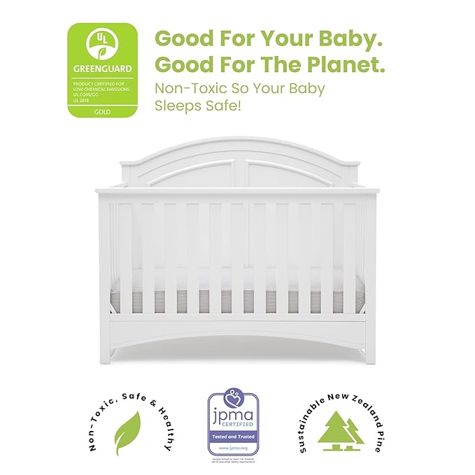 Delta Children Perry 6-in-1 Convertible Crib - Greenguard Gold Certified, Bianca White + Simmons Kids Radiant Sky Dual Sided Baby Crib Mattress and Toddler Mattress (Bundle)