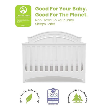 Delta Children Perry 6-in-1 Convertible Crib - Greenguard Gold Certified, Bianca White + Simmons Kids Radiant Sky Dual Sided Baby Crib Mattress and Toddler Mattress (Bundle)