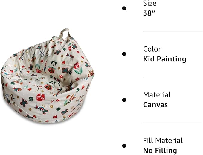 YuppieLife Stuffed Animal Storage Bean Bag Chairs Canvas Cover for Kids(No Filling)/Machine Washable and Durable Toddler Bean Bag Sofa Cover for Room Decor (kid painting, 38”)