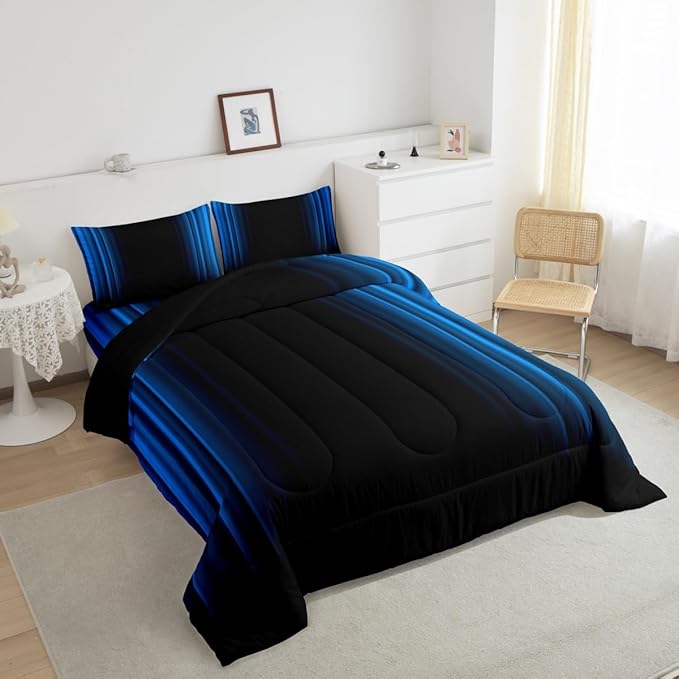 Geometric Abstract Ombre Comforter Set Kids Teens Blue Black Striped Bedding Bed Set Decor Modern Fashion Comforter Collection 3Pcs King Size Boys