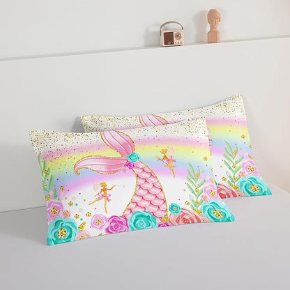 HOSIMA Mermaid Comforter with 2 Pillowcases,Girly Rainbow Bedding Set Glitter Pink Mermaid Tail Comforter Set,Flower Fairies Rose Gold Comforter Set,Floral King Size Comforter Set.