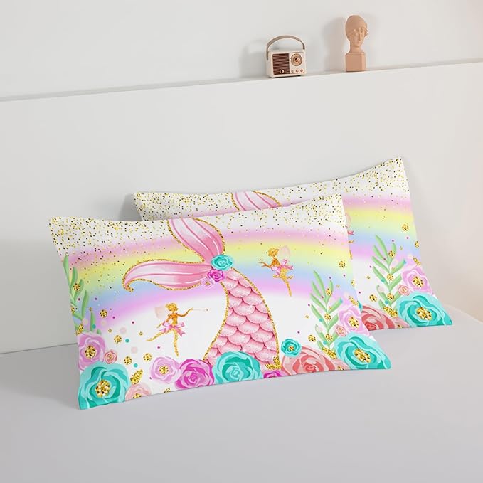 HOSIMA Mermaid Comforter with 2 Pillowcases,Girly Rainbow Bedding Set Glitter Pink Mermaid Tail Comforter Set,Flower Fairies Rose Gold Comforter Set,Floral Full Size Bed in a Bag Set.
