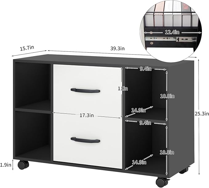 sogesfurniture Mobile Lateral Filing Cabinet with 2 Drawers,Lateral Office Cabinet Printer Stand, Multifunctional Storage Cabinet with Open Shelves and Castors for Home & Office (Black)