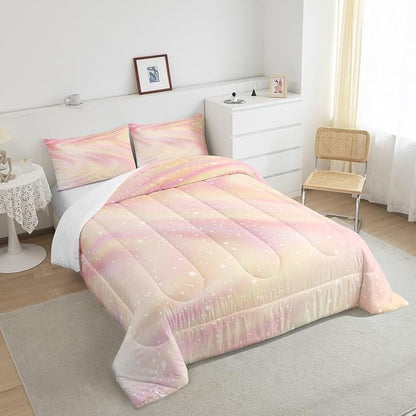Erosebridal Girly Pastel Galaxy Bedding Comforter Sets King Size, Glitter Galaxy Bedding Tie Dye Gradient Sparkle Comforter Set for Boys Girls Teenagers Bedroom, Pink Yellow Ombre Duvet Insert, 3 Pcs