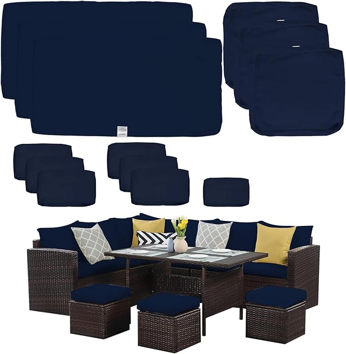 ClawsCover 13Pack Outdoor Seat and Back Cushions Replacement Covers Fit for 7Pieces Wicker Rattan Patio Furniture Set Sectional Couch with Dining Table and Ottoman,Navy-Include Cover Only