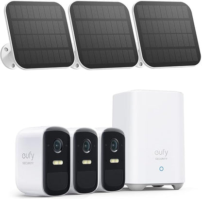 eufy Security, eufyCam 2C 3-Cam Kit with Solar Panel 2W, Security Camera Wireless Outdoor, Home Security System, HomeKit Compatibility, 1080p HD, IP67, Night Vision, Motion Only Alert, No Monthly Fee