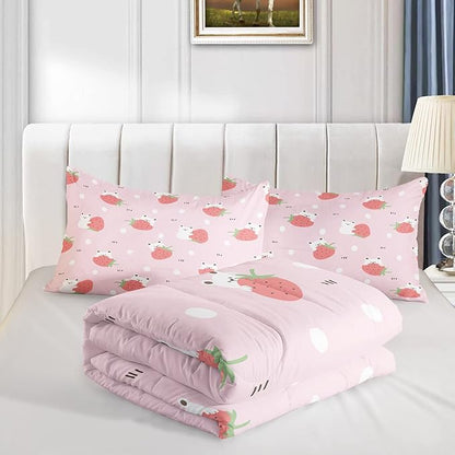 Cartoon Bear Comforter Twin Size,Pink Strawberry Comforter Set for Kids Teens Girls,3Pcs Bedding Set Printed Comforter with 2 Pillowcases,Down Alternative,Soft and Lightweight，Twin Size