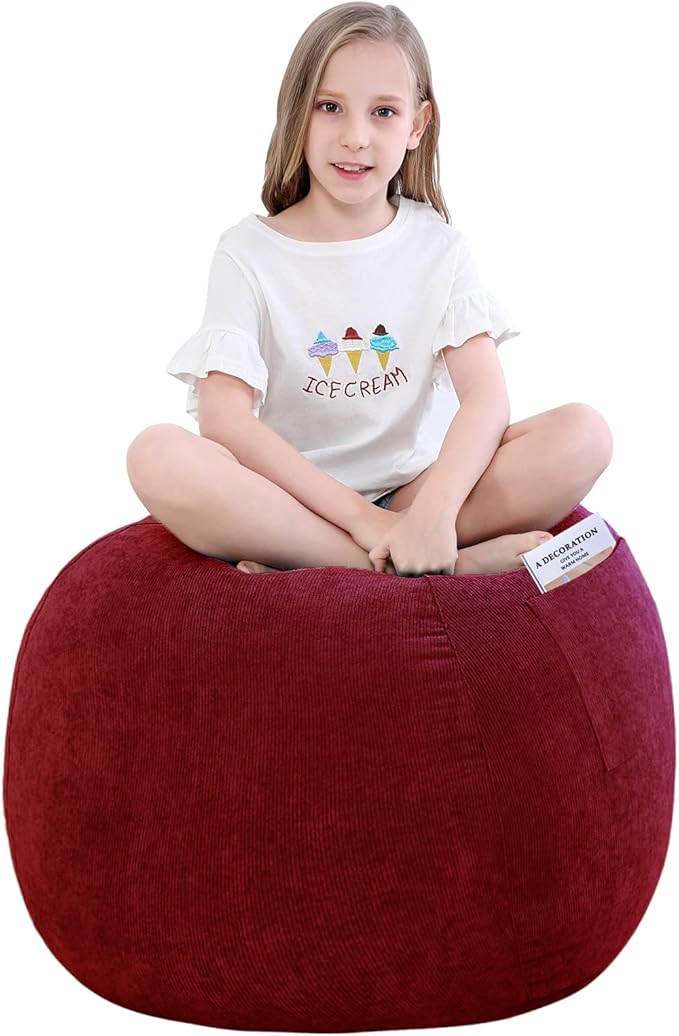 Stuffed Animal Storage Bean Bag Chair Cover (No Beans) for Kids and Adults.Soft Premium Corduroy Stuffable Beanbag for Organizing Children Plush Toys or Memory Foam Small 100L (WineRed)