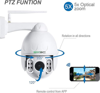 SV3C 1080P Outdoor PTZ WiFi Camera, ONVIF Security IP Camera with Auto Tracking, 197ft HD Night Vision, 5X Optical Zoom, Two-Way Audio, Waterproof, Compatible with Blue Iris, SD Card Slot, CamHiPro