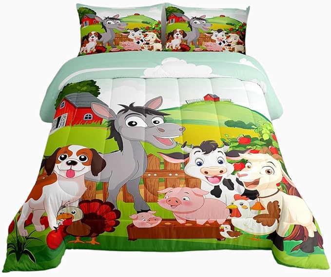 Cute Farm Animals Bedding Set Kids Cartoon Pig Dog Cow Horse Comforter Set for Boys Girls Teens Nature Country Comforter Farmhouse Rustic Duvet Set Colorful Decor Quilt King Size Boys