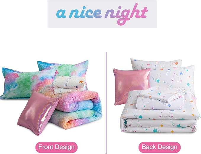 A Nice Night Galaxy 6pcs Kids Bed in a Bag Outer Space Comforter 3D Printed Space Quilt Set Glitter Pink Green Color,for Children Boy Girl Teen Kids,Twin
