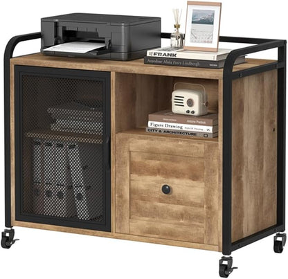 BON AUGURE Filing Cabinet for Home Office, Lateral File Cabinet with Drawer for Letter/ A4 Size, Mobile Printer Stand with Open Storage (Vintage Oak)