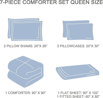 EMME Queen Comforter Set - 7 Pcs Blue Boho Bedding Sets, Full Size Tufted Comforter with Sheets, Shabby Chic Embroidery Queen Bed Set Fluffy Bed Bag for All Season(90"X90")