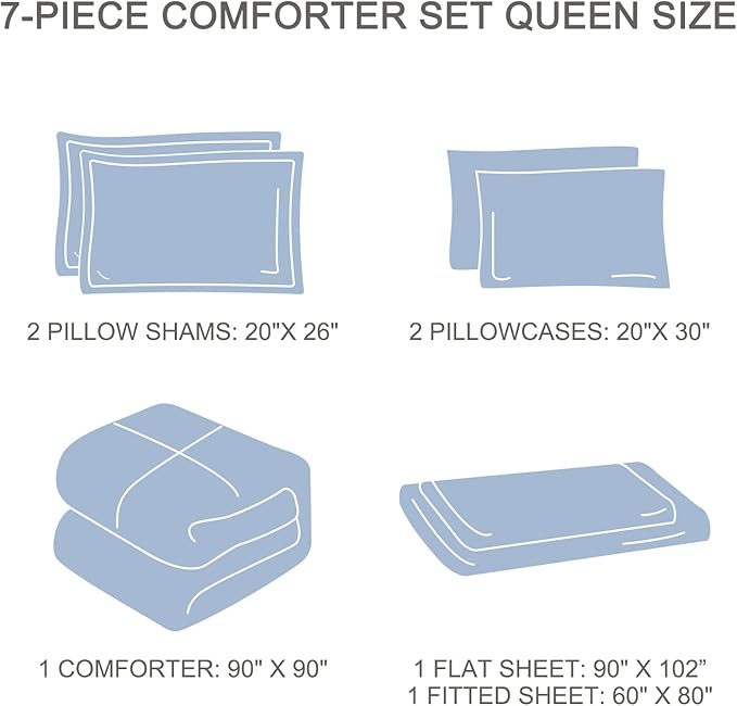 EMME Queen Comforter Set - 7 Pcs White Boho Bedding Sets, Full Size Tufted Comforter with Sheets, Shabby Chic Embroidery Bed Set Fluffy Bed Bag for All Season(90"X90")
