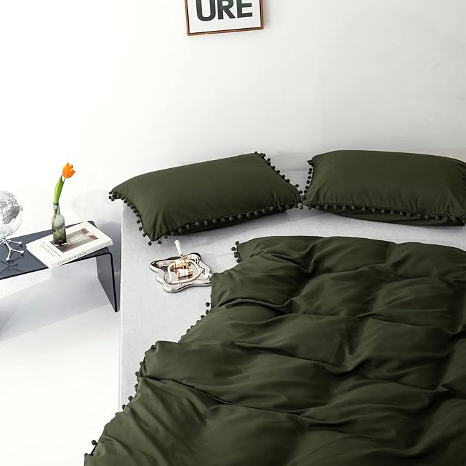 Army Green Comforter Full Dark Green Pom Green Comforter 3 PCs Soft Olive Green Boho Ball Pom Fringe Full Comforter Bedding Set Women Solid Dark Green Full Bed Comforter All Season